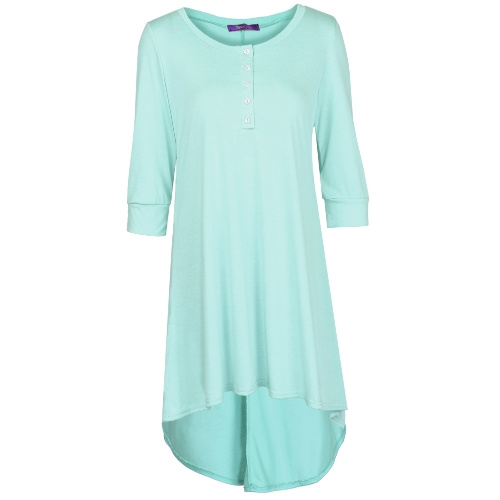 

Fashion Women Long Tunic Top Basic T-Shirt Button Front O Neck Long Sleeve Irregular Hem Mini Dress
