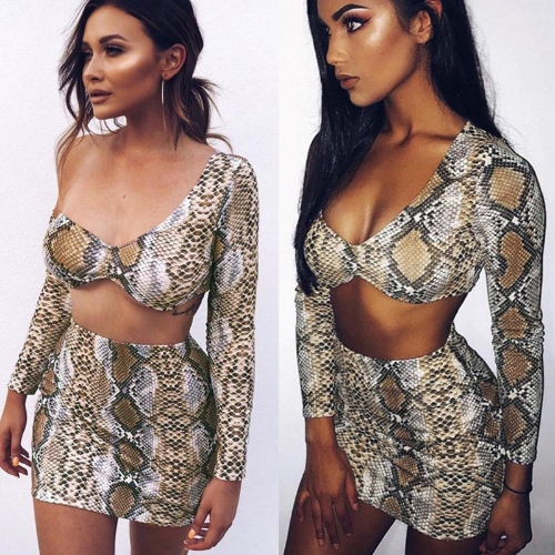 

Sexy Women Two-piece Set Snake Print One Shoulder Crop Top Deep V Neck Long Sleeve Slim Bodycon Skirt Suits Party Clubwear Khaki