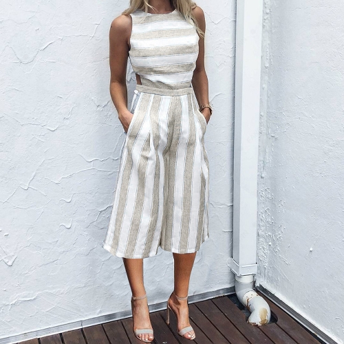 

Sexy Women Stripe Sleeveless Backless Zipper Shirred Wide Leg Playsuit Jumpsuit