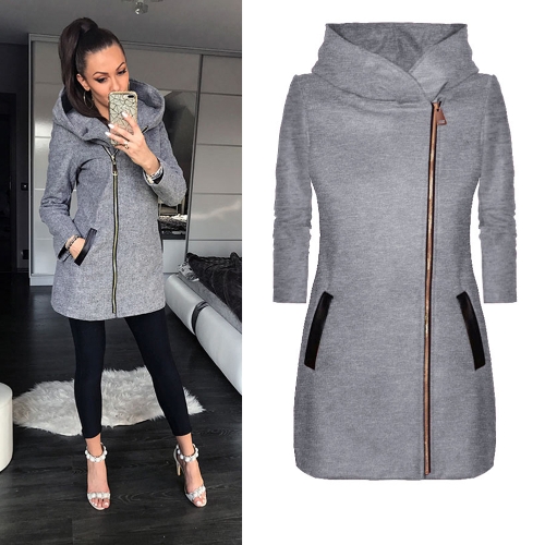 

Женщины вскользь Hoodie с длинным рукавом пальто карманы Zip Up Верхняя одежда с капюшоном куртка черный / серый / красный
