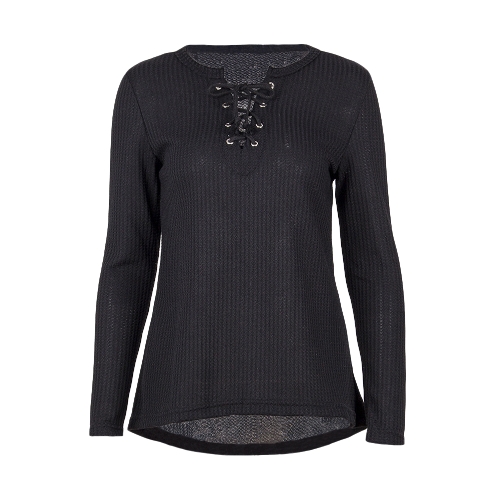 

Autumn Women Lace Up T-Shirt Deep V-Neck Long Sleeve Patch Casual loose Tee Top