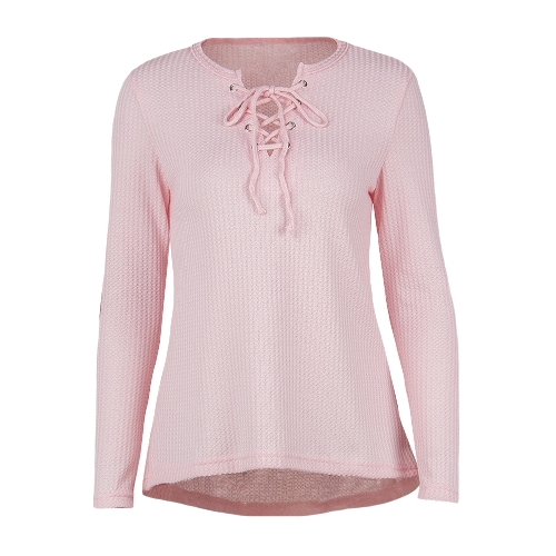 

Autumn Women Lace Up Deep V-Neck Long Sleeve Patch Casual loose Tee Top