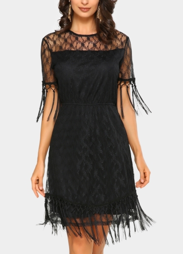 Sexy Women Mini Dress Sheer Lace Tassel O-Neck Short Sleeves Solid Elegant Party Evening Dresses Black