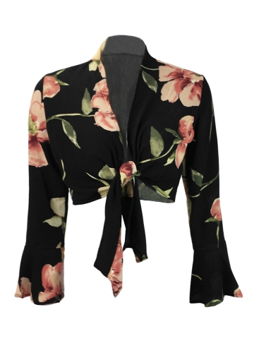 

Women Sexy Crop Top Deep V Neck Shirt Tie Front Flare Sleeve Flower Print Blouse Top Black/White