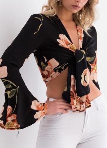 

Women Sexy Crop Top Deep V Neck Shirt Tie Front Flare Sleeve Flower Print Blouse