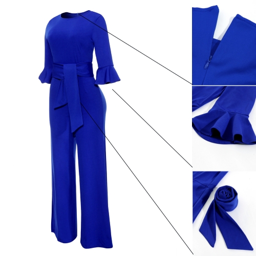 

Sexy Women Jumpsuit O-Neck Flare Half Sleeves Belt Wide Legs Solid Elegant Casual Romper