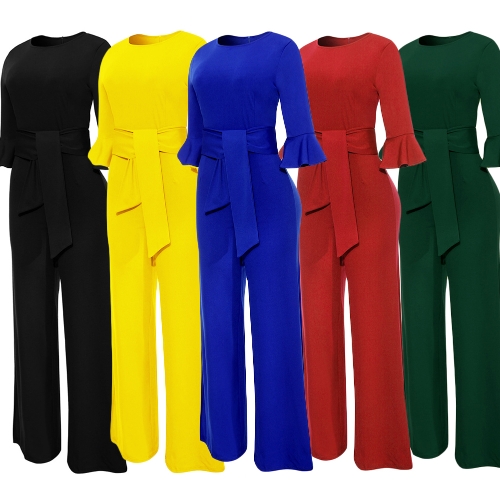 

Sexy Women Jumpsuit O-Neck Flare Half Sleeves Belt Wide Legs Solid Elegant Casual Romper