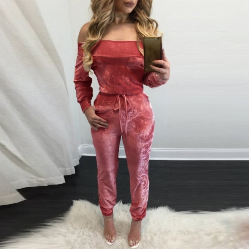 

Sexy Women Velvet Off Shoulder Long Sleeve Warm One Piece Bodysuit Overalls