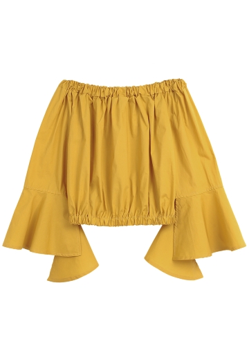 

Women Off Shoulder Crop Blouse Ruffles Bell Long Sleeves Elastic Slash Neck Casual Tops Shirts Yellow
