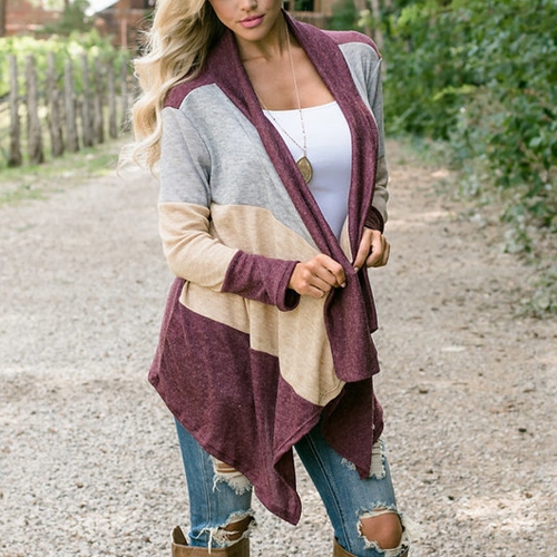 

Women Casual Cardigan Coat Open Front Splicing Color Drape Collar Bertha Loose Long Outwear