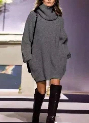 

Winter Women Warm Oversize Turtleneck Sweater Long Sleeve Pockets Casual Rib Knitted Mini Dress