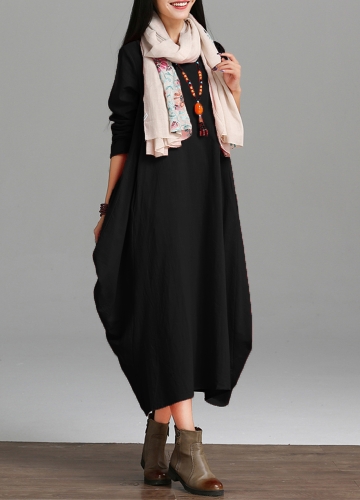 

Vintage Women Loose Dress Solid Color Pocket Maxi Gown One-Piece