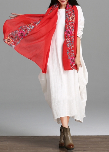 

Vintage Women Loose Dress Solid Color Pocket Maxi Gown One-Piece