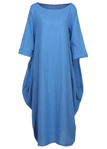 Abito donna etnico in cotone tondo tasca girocollo manica 3/4 allentato Baggy Vintage Maxi Gown Robe One-Piece