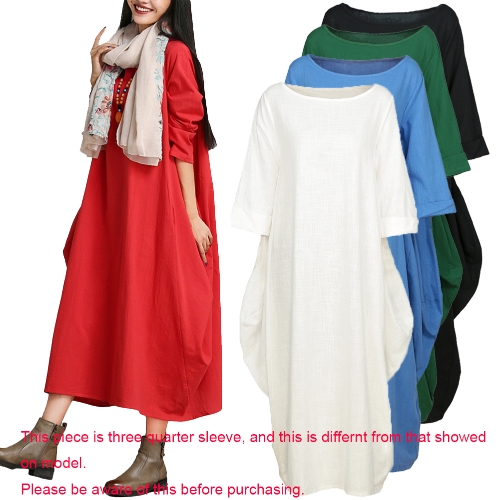 

Ethnic Women Dress Solid Cotton Pocket Round Neck 3/4 Sleeve Loose Baggy Vintage Maxi Gown Robe One-Piece