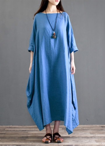 

Vintage Women Loose Dress Solid Color Pocket Maxi Gown One-Piece
