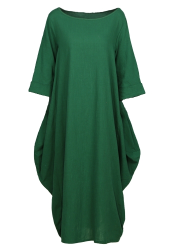 

Ethnic Women Dress Solid Cotton Pocket Round Neck 3/4 Sleeve Loose Baggy Vintage Maxi Gown Robe One-Piece