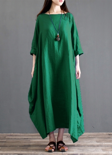 

Ethnic Women Dress Solid Cotton Pocket Round Neck 3/4 Sleeve Loose Baggy Vintage Maxi Gown Robe One-Piece