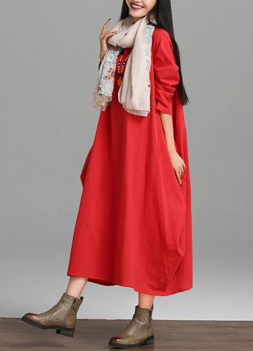

Vintage Women Loose Dress Solid Color Pocket Maxi Gown One-Piece