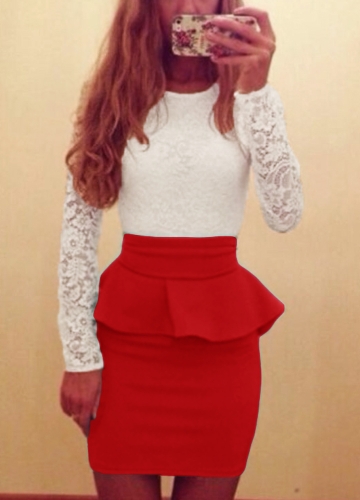 

Sexy Women Bandage Bodycon Платье Кружева Цепь Пеплум Талия Круглый Шея с длинным рукавом Вечерняя мини-платье Clubwear