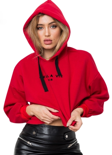 

Fashion Women Crop Hoodies Letter Print Long Sleeve Loose Sweatshirts Short Pullover Hooded Tops White/Red