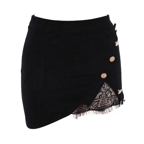 

Fashion Women Faux Suede High Waist Skirt Lace Splice Button Vintage Preppy Bodycon Mini Skirt