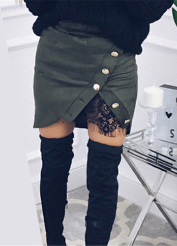 

Fashion Women Faux Suede High Waist Lace Splice Button Preppy Bodycon Mini Skirt
