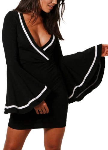 

Sexy Women Deep V Neck Flared Dress Long Bell Sleeves High Waist Sheath Mini Party Dress