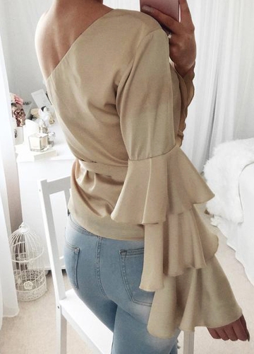 

Женская атласная блузка Top Tie Waist One Shoulder Ruffle Sleeves Элегантная повседневная рубашка Red / Beige