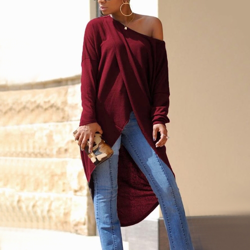 

Women Loose One Shoulder Round Neck Asymmetric Cross Over Dipped Longer Back Irregular Long Sleeve Sweater