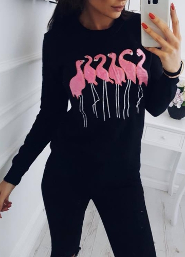 

Fashion Women Embroidery Flamingo O Neck Long Sleeve Sweatshirt