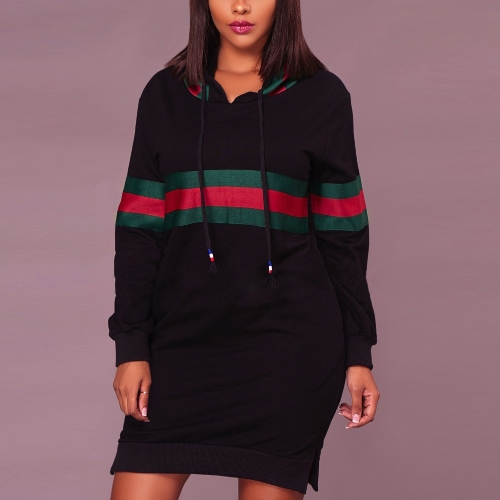 

Sexy Women Hooded Striped Print Drawstring Long Sleeve Split Clubwear Longline Hoodie Dress