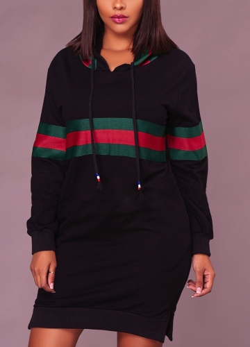 

Sexy Women Hooded Striped Print Drawstring Long Sleeve Split Clubwear Longline Hoodie Dress