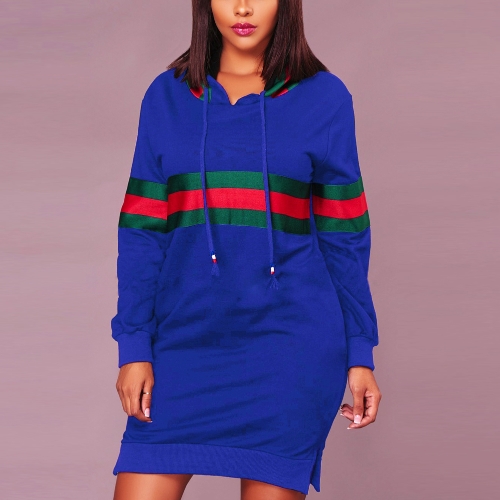 

Sexy Women Hooded Striped Print Drawstring Long Sleeve Split Clubwear Longline Hoodie Dress