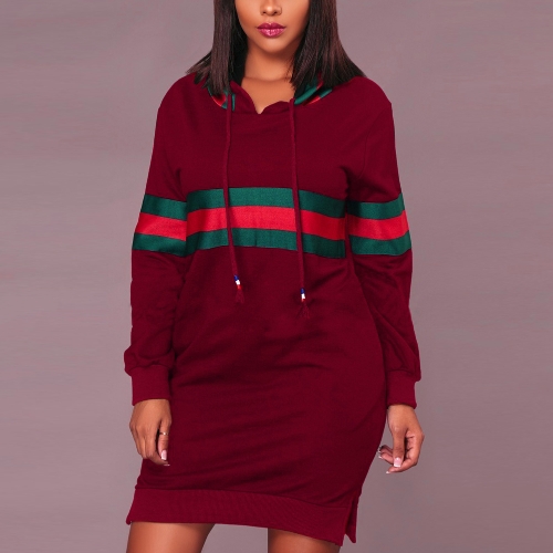 

Sexy Women Hooded Striped Print Drawstring Long Sleeve Split Clubwear Longline Hoodie Dress