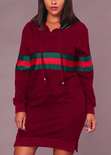 

Sexy Women Hooded Striped Print Drawstring Long Sleeve Split Clubwear Longline Hoodie Dress