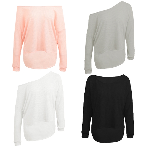 

Женщины вскользь Loose Knitted Sweater Одно плечо с длинным рукавом Твердый перемычек Pullover Knitwear