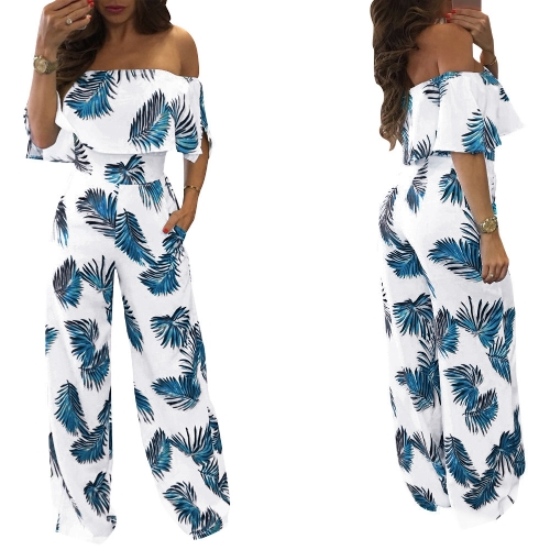 

Women Off Shoulder Jumpsuit Strapless Playsuit Overalls Leaf Print Long Pants Pockets Short Sleeves Rompers Blue/Red/Green