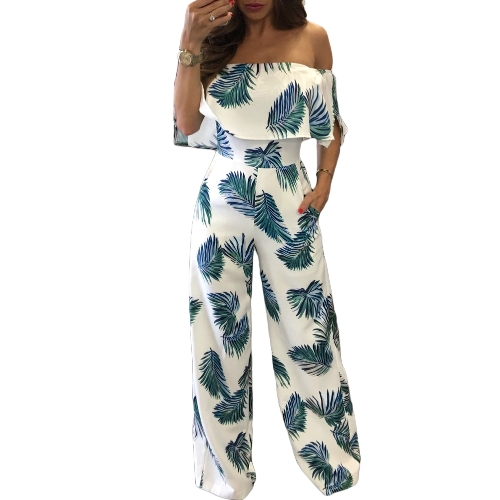 Women Off Shoulder Jumpsuit Strapless Playsuit Overalls Leaf Print Long Pants Pockets Short Sleeves Rompers Blue/Red/Green