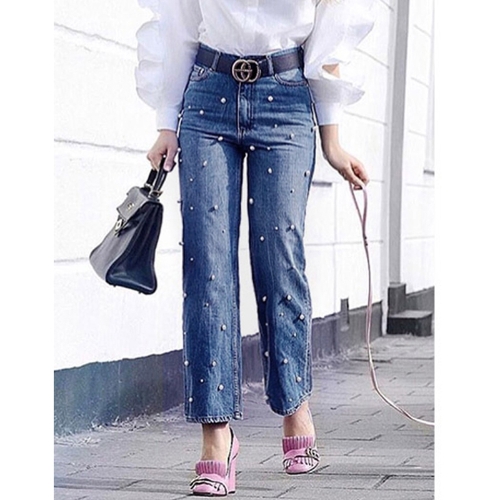 

Fashion Women Denim Jeans Pearl Beads High Waist Casual Wide Long Leg Pants
