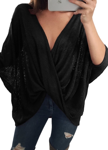 

Sexy Women Loose Knitted Tops Solid Deep V Neck Cross Over Drape Irregular Batwing Sleeve Oversized Blouse