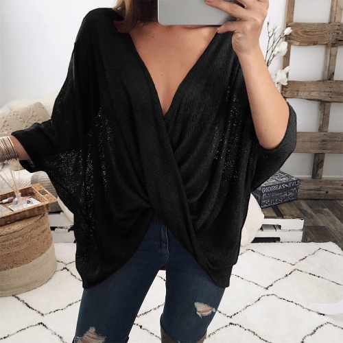 

Сексуальные женщины Loose Knitted Tops Solid Deep V Шея Крест над Drape Irregular Batwing Sleeve Over size Blouse