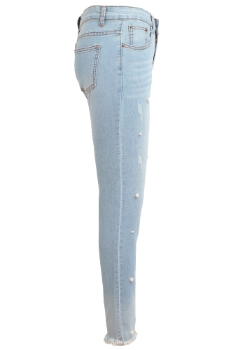 Boho Women Jeans Washed Denim Beading Faux Pearl Tassel Frayed Zipper Mid Waist Skinny Casual Pencil Pants Light Blue