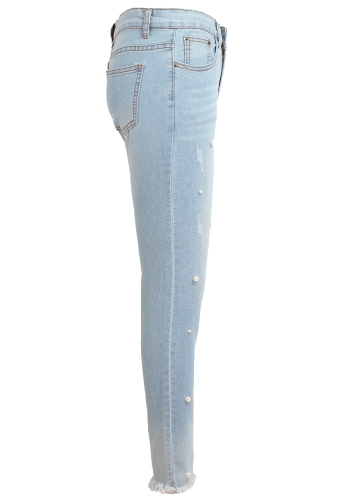 

Boho Women Jeans Washed Denim Beading Faux Pearl Tassel Frayed Zipper Mid Waist Skinny Casual Pencil Pants Light Blue