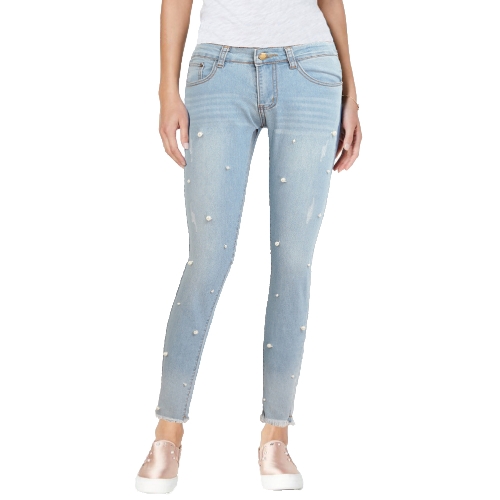 Boho Femmes Jeans Lavé Denim Perles Faux Perle Gland Frayé Zipper Mid Taille Skinny Casual Crayon Pantalon Bleu Clair