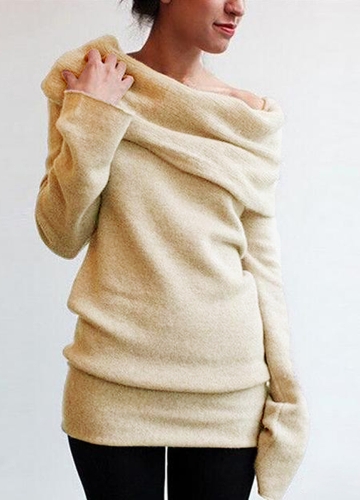 

Women Off the Shoulder Sweater Wool Cowl Neck Long Sleeve Knitted Pullover