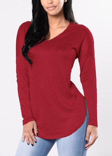 

Casual Women Knitted Blouse V Neck Long Sleeve Solid Split Slim Knitwear T-shirt