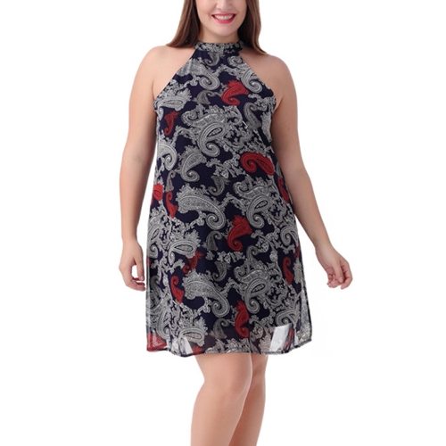 

Women Shift Dress Chiffon Sleeveless Vintage Paisley Print Halter Draped Zipper Back Dress