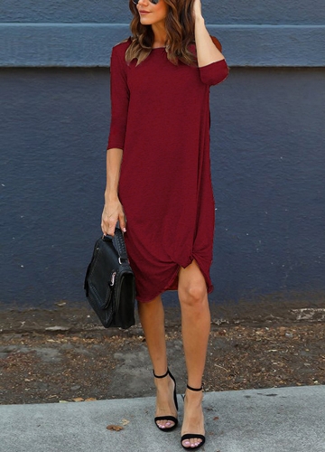 

Women 3/4 Sleeves Casual Dress Ruched Hem O Neck Soft Asymmetrical Shift T-shirt Dress