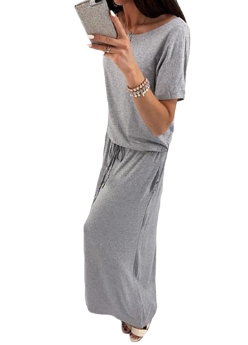 New Women Maxi Long  Dress O-Neck Short Sleeves Belt Elastic Waist Casual Party Dresses Grey